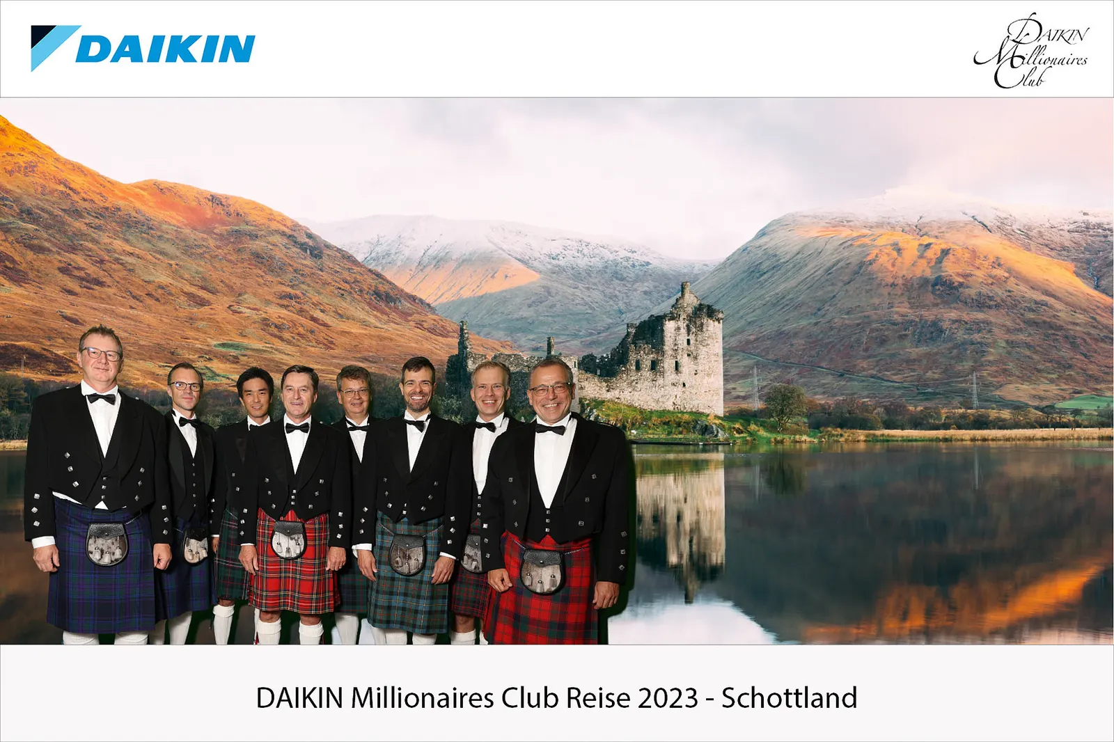 Green screen composite of guests against a loch and castle at sunset